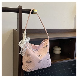 Borsa a spalla rosa a pois con fiocco di pizzo bianco e scritta sweet ricamata