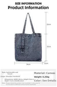 Size chart showing height 35cm and width 34cm for the vintage denim tote bag