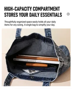 Spacious interior of blue denim tote bag with magazines, notebook and zipper pocket