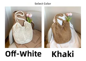 Detail view of woven crochet tote bags in off-white and khaki with tassel accents