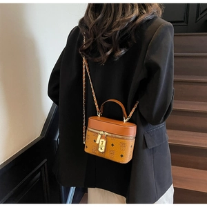 Brown structured vanity bag with bear pattern and gold chain strap shown on model