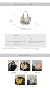 Detailed size chart and multi-color options for the stylish PU leather bucket handbag