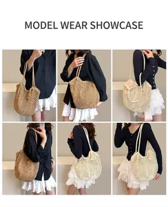 Detailed close-up showing hollow out crochet weave and tassel on handmade straw tote bag