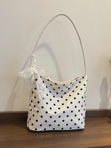 Borsa a Spalla Vintage a Pois per Donna Dolce Fiocco in Pizzo Nylon Borsa Sottobraccio Pendolare Lavoro Borsa a Secchiello Piccola Regalo