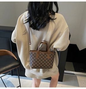 Sac seau vintage à monogramme marron porté par un mannequin dans un cadre élégant