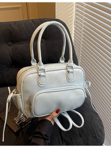 Light blue faux leather versatile backpack and handbag with double zippers and soft texture