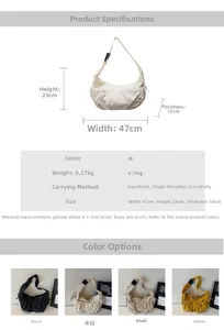 Detailed size chart and specifications for the large capacity crescent nylon crossbody bag