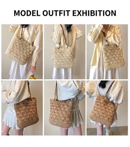 Detailed views of handmade hollow out straw tote bag with shoulder straps for beach