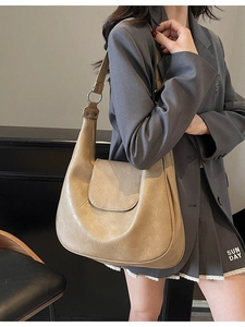 Khaki large capacity PU leather hobo bag with silver ring buckle and flap closure