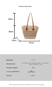 Tabella taglie borsa tote in paglia con specifiche su dimensioni e altezza manico