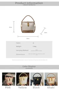 Tableau des dimensions et guide des couleurs pour le sac seau en similicuir avec bandoulière