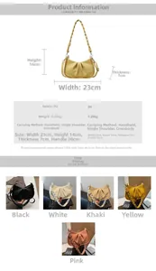 Detailed size specifications and five color variants for this pleated underarm bag
