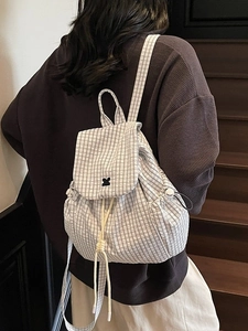 Zaino da viaggio chic a quadri grigi con coulisse e tasche laterali per donna