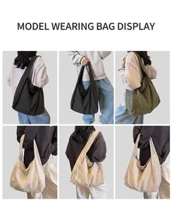 Detail shots of waffle texture tote bags in black, army green and beige colors