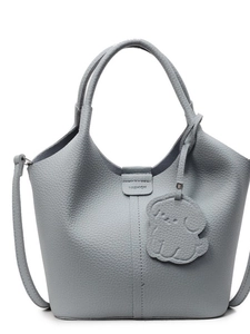 Fog blue litchi pattern bucket bag with leather puppy charm and adjustable strap