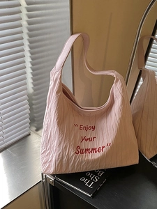 Sac Cabas Femme Plissé Grande Capacité Broderie Enjoy Your Summer Sac à Épaule en Polyester Sac Hobo Décontracté