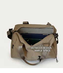 Detail showing the large interior storage space for a tablet and cosmetics in this tote bag
