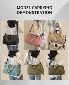 Multiple views of large capacity travel duffel bags in five vibrant colors worn by model