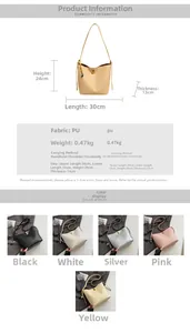 Detailed size chart and multi-color options for the large PU leather shoulder bucket bag