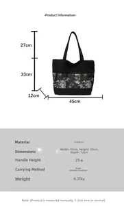 Tableau des tailles pour grand sac cabas en toile avec motif bambou et mesures