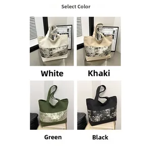 Vue détaillée en grille de grands sacs cabas en toile en blanc, kaki, vert et noir