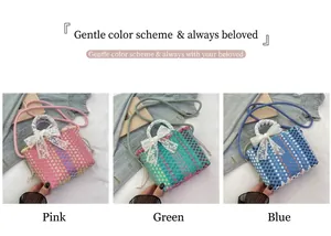 Detailed view of woven crossbody bags with lace bows in pink, green, and blue colors