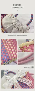 Detail view of pink and yellow woven handbag with lace bow and drawstring liner