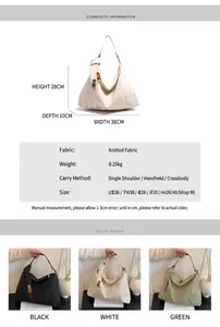 Detailed size guide and color options for large pleated knitted tote bag with dimensions
