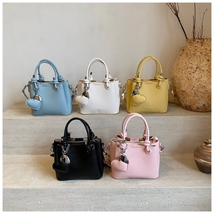Litchi pattern bucket bags in five colors with metallic heart charm on stone steps