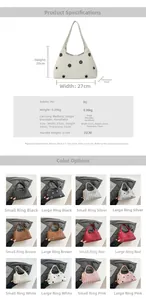 Detailed specs of studded PU leather handbag showing colors and 27x20x15cm size