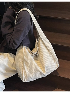 Large capacity beige plaid canvas tote bag for women commuting or campus students