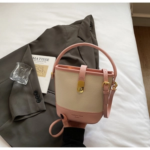 Détail du sac seau bicolore en cuir grainé avec fermoir doré et bandoulière fine