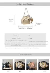 Detailed size specifications and color options for litchi pattern bucket bag with bear charm