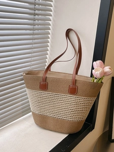 Borsa Tote in Paglia Intrecciata di Grande Capacità per Donna Borsa a Tracolla da Spiaggia Estiva Handbag a Strisce