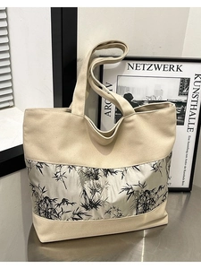Sac Fourre-tout en Toile pour Femmes Style Néo-Chinois Motif Bambou Grande Capacité Sac à Épaule Décontracté Artistique