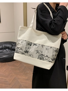 Sac fourre-tout en toile de style chinois avec motif bambou et design patchwork gris