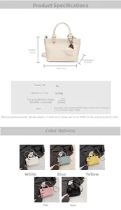 Detailed chart showing PU leather bucket bag dimensions and five vibrant color variants