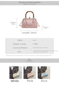 Detailed size specifications for pink embroidered butterfly handbag with pearl chain strap