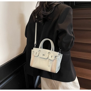 Detail of mint green and beige canvas Kelly bag showing silver-tone metal hardware
