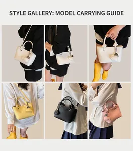 Collage of fashion crossbody bucket bags in four colors with heart charm detail