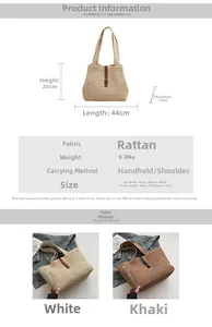 Détails du sac cabas en paille tissée avec dimensions et boucle en cuir de fermeture