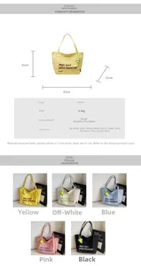 Size chart for large canvas tote bags with dimensions and multiple color options available