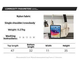 Detailed size chart for nylon crossbody messenger bag showing dimensions and weight data