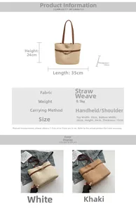 Size chart for straw tote bag showing dimensions 35x13x24 cm and material details