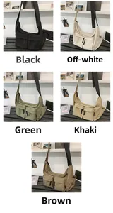 Detailed grid view of crescent messenger bags in black, off-white, green, khaki, and brown