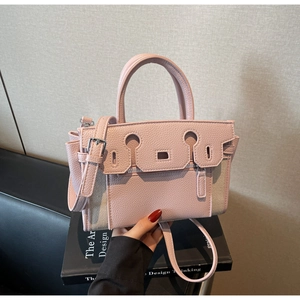 Detailed shot of pink pebble leather and canvas bag with silver buckle on books