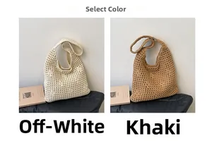 Detail view of woven crochet tote bags in off-white and khaki with hollow mesh texture
