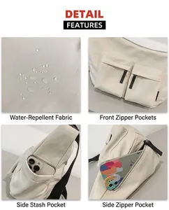 Waterproof off-white canvas messenger bag with front zipper pockets and side storage