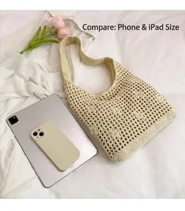 Detail of hollow woven bucket bag with phone and tablet for size comparison