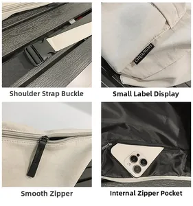 Detail view of canvas messenger bag showing plastic buckle, woven label and inner pocket